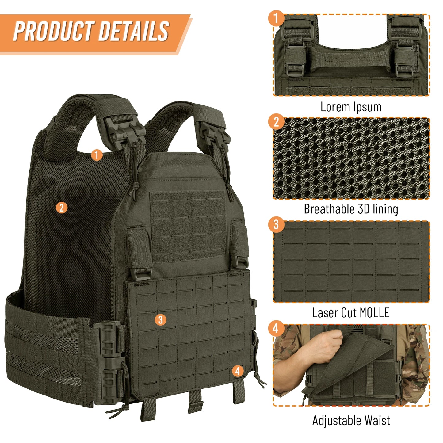 500D Tactical Vest Laser Cutting MOLLE LAVC Plate Carrier